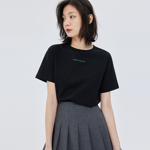 ins潮小众设计感印花字母上衣休闲韩版圆领好看的黑色短袖t恤女夏