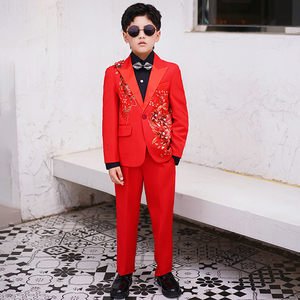 红色帅气儿童西装套装模特走秀小主持人礼服男童中大童钢琴演出服