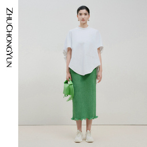 ZHUCHONGYUN2024春新款碧绿色时尚通勤波浪设计感半身裙
