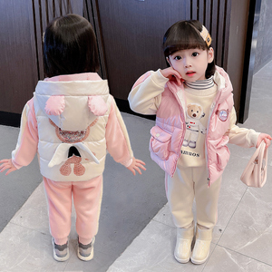 女童秋冬装儿童洋派马甲套装女宝宝新款加绒卫衣三件套韩版童装潮