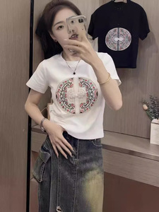 正品夏易菲旗舰店女装纯棉新中式国风刺绣短袖T恤2024年夏季新款