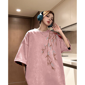 新中式男装粉色麂皮绒印花短袖男夏季中式国风七分袖情侣半袖T恤