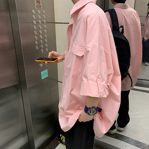 少年感男友风穿搭衬衫男短袖夏季美式潮牌粉色工装七分袖衬衣外套