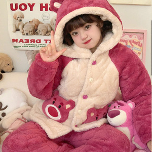 儿童睡衣冬季女孩三层夹棉珊瑚绒加厚法兰绒草莓熊女童家居服套装