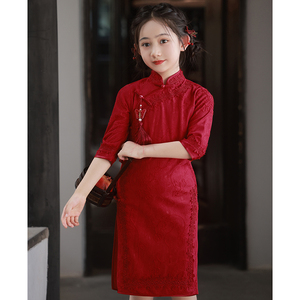 女童旗袍红色国风蕾丝花边长袖秋季高级优雅儿童中式礼服走秀演出