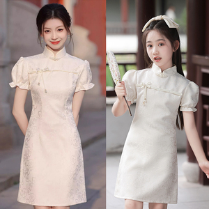 法式旗袍女童白色2024新款高级感优雅轻奢亲子母女装设计感连衣裙