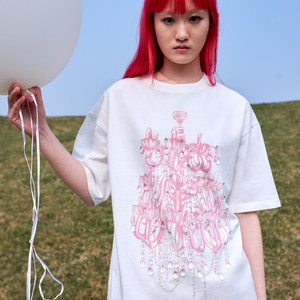KNOW WINK水晶珠粉色吊灯印花T恤23SS新款小众设计师品牌手工钉珠