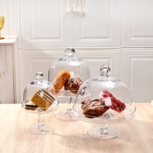 欧式大号蛋糕托盘透明玻璃罩高脚带盖面包水果试吃盘甜品台展示架