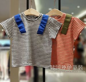 韩国网红女童装夏装小雨伞时髦女宝宝运动装红色蓝色条纹短袖T恤