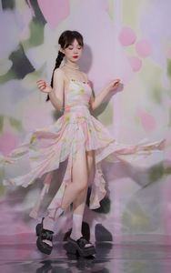 【桃枝】粉绿色纱裙仙女吊带网纱纯欲长裙碎花蛋糕裙浪漫套装