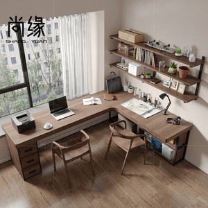 实木转角书桌书架一体 家用l型办公桌书柜组合定制拐角双人电脑桌