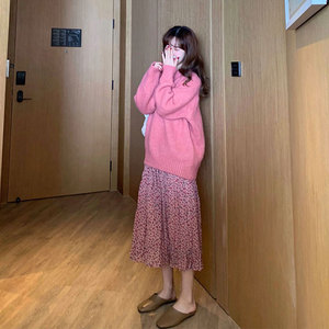 温柔风港风炸街复古chic韩版粉色毛衣职业半身裙子两件套装女