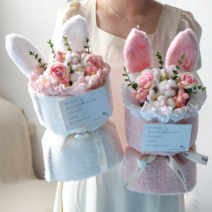 创意兔耳朵手工编织毛线玫瑰花束成品520情人节送女朋友生日礼物
