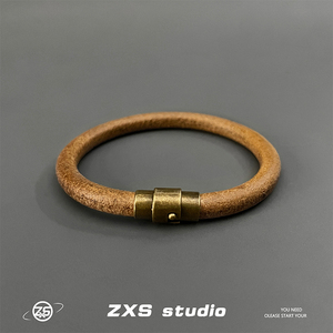 ZXS STUDIO 牛皮复古黄铜磁吸手环男女个性高桥养色手镯情侣手链