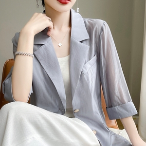 极简棉麻灰色西装外套女夏薄款七分袖休闲气质高级感职业韩版西服