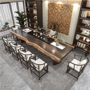 新中式原木大板茶桌椅组合家用实木大长桌整板老板桌功夫茶台茶几