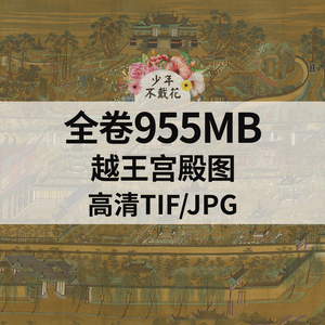 全卷955M越王宫殿图卷国画工笔宫殿园林亭台楼阁建筑电子绘画素材