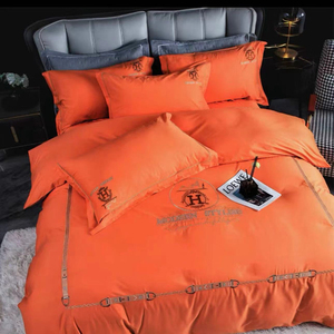 轻奢新款北欧全棉橙色四件套纯棉刺绣橘黄被套潮牌床上用品网红款