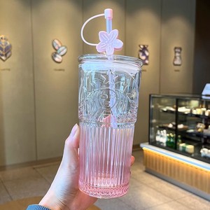 星巴克吸管杯女神幻彩桃花粉色渐变玻璃杯2024新品送女生礼物水杯
