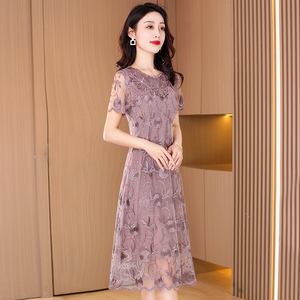 蕾丝刺绣旗袍2024新款女夏气质高端品牌贵夫人妈妈台湾网纱连衣裙