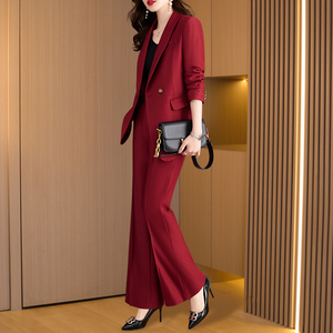 职业红色西装套装女秋季2024年新款休闲时尚高级感高端西服两件套