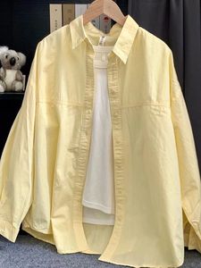100%棉 奶黄色纯棉长袖衬衫女2024年夏季新款小个子上衣衬衣外套