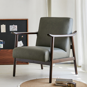 设计师沙发椅北欧复古单人实木扶手椅子中古客厅休闲定制皮单椅