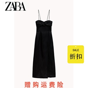 ZA女装 夏季新品黑色褶皱装饰亚麻开叉迷笛吊带连衣裙8741059 800