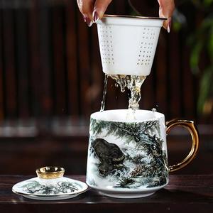 玉蝶陶瓷过滤茶杯带盖大号办公室泡茶杯子茶水分离景德镇茶杯个人