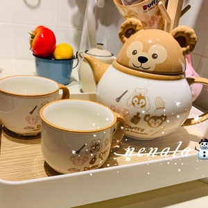 上海迪士尼国内代购 达菲熊乐享家卡通陶瓷茶壶茶杯套装餐具杯子