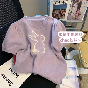 软糯紫色兔子泡泡袖毛衣女2023早春新款设计感小众洋气短款针织衫