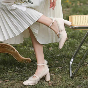 玛丽珍毛毛鞋白色高跟鞋女秋冬旗袍伴娘鞋日常可穿不累脚粗跟单鞋