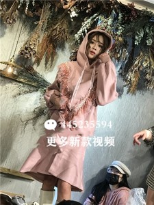 泰货女装2018泰国货潮牌秋冬新款 重工连帽镶钻净版纱装饰卫衣长