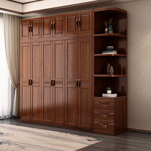 现代胡桃木中式实木衣柜对开门家用卧室大空间5门6门小户型衣橱