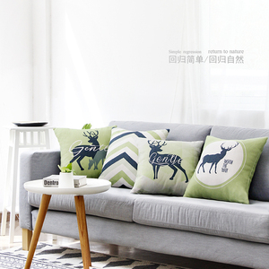 绿色麋鹿北欧棉麻布艺抱枕套美式客厅沙发靠垫办公室抱枕靠枕腰靠