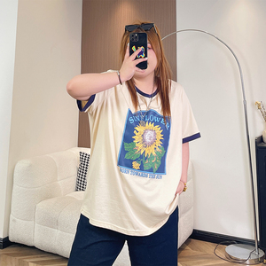 【花契大码女装】8770夏季新款胖mm韩版向日葵印花短袖T恤200斤