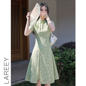 LAREEY2024夏季新款优雅高级感无开衩斜襟改良旗袍日常气质连衣裙