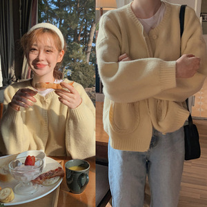 韩国温柔风鹅黄色毛衣外套女2023年新款韩版甜美软糯针织开衫上衣