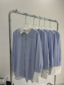 HA出口韩国原单新款白色拼色领高端长袖衬衫蓝色条纹