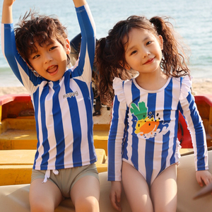韩版新款儿童泳衣男孩女孩洋气小童连体长袖防晒条纹兄妹泳装分体