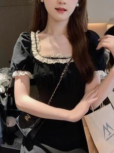 安璃 法式复古蕾丝珍珠花边方领显瘦气质小黑裙连衣裙2024年新款