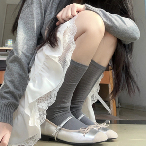 灰色半透小腿袜子女夏季薄款芭蕾风中筒袜纯棉竖纹甜美长筒堆堆袜