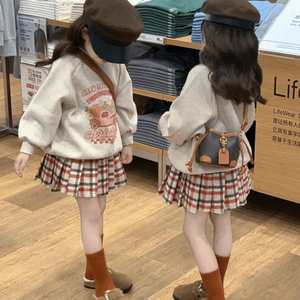 韩国儿童套装春秋印花加绒卫衣女童洋气时髦格子百褶裙半裙两件套