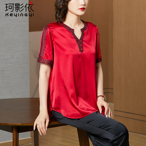 高级红色真丝衬衫女夏季新款时尚圆领拼接短袖洋气宽松桑蚕丝上衣