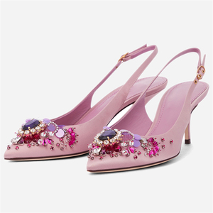 名媛气质粉紫水钻珠片尖头高跟鞋6cm奢华旗袍鞋 后空女鞋细跟凉鞋