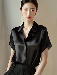 【真丝】缎面黑色短袖衬衫女夏季新款通勤洋气衬衣三醋酸法式上衣