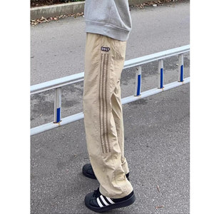 f2ocus卡其色条纹裤子男夏季美式尼龙直筒工装裤三条杠速干运动裤