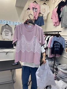 BORA韩国东大门代购2024夏季女装新款印花假两件短袖T恤