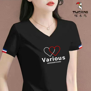 啄木鸟正品纯棉黑色短袖T恤女2024年夏季新款潮品牌高档v领体恤衫