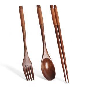 出口木质餐具三件套实木勺叉筷便携特大号木头吃饭韩式长柄木勺